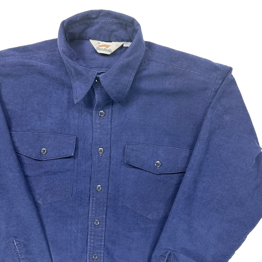 Vintage Duxbak Mens L Blue Work Shirt Hunting Field Outdoors Button Front USA
